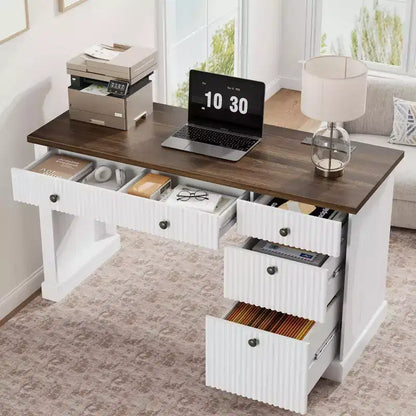 Contenitore scanalato per scrivania da ufficio, scrivania direzionale moderna da 54" con stazione di ricarica, scrivania in legno per computer con cassetti classificatori per studio