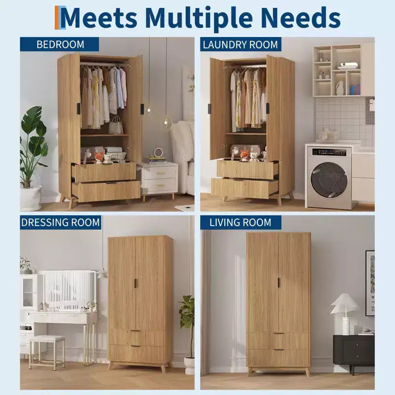 Armoire à portes cannelées, Armoire en bois de 71 pouces avec 2 portes, 2 tiroirs, étagère réglable et tringle de suspension, Armoire de rangement pour vêtements