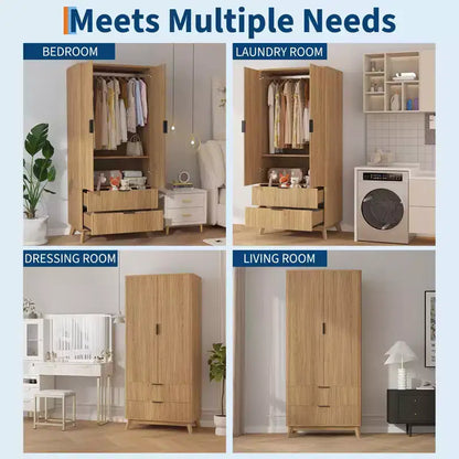 Armoire à portes cannelées, Armoire en bois de 71 pouces avec 2 portes, 2 tiroirs, étagère réglable et tringle de suspension, Armoire de rangement pour vêtements