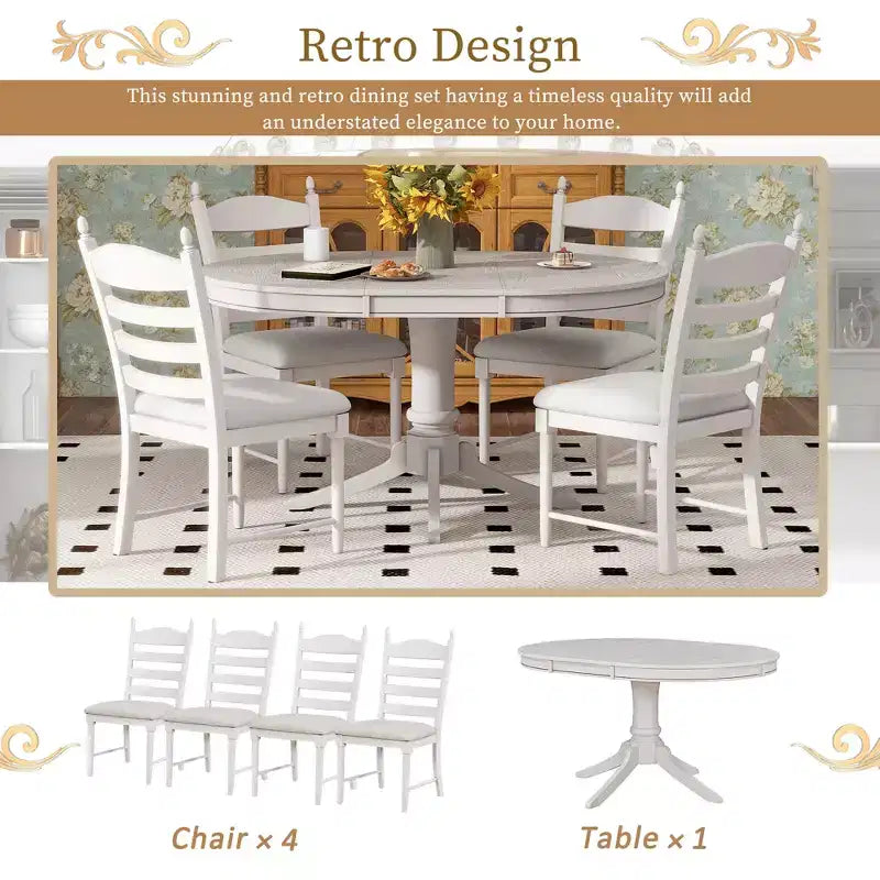 Set tavolo da pranzo rotondo allungabile per 4 persone, set da pranzo stile rustico e 4 sedie imbottite