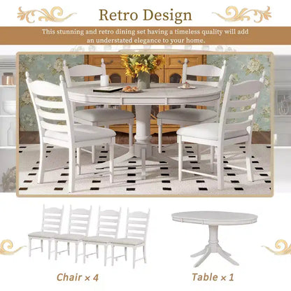 Set tavolo da pranzo rotondo allungabile per 4 persone, set da pranzo stile rustico e 4 sedie imbottite