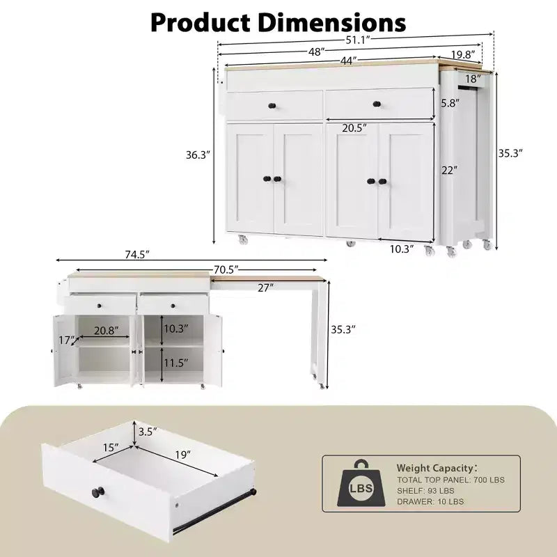 Isola da Cucina da 189 cm con Tavolo da Pranzo Estensibile, Carrello con 4 Armadietti, 2 Cassetti, Porta Spezie, Ripiani Regolabili
