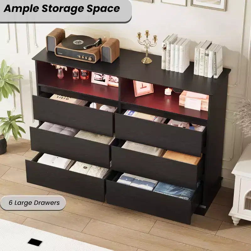 Comò per camera da letto, cassettiera a 6 cassetti, mobile a 6 cassetti con spazio aperto, armadietto moderno di grande capacità, soggiorno, corridoio