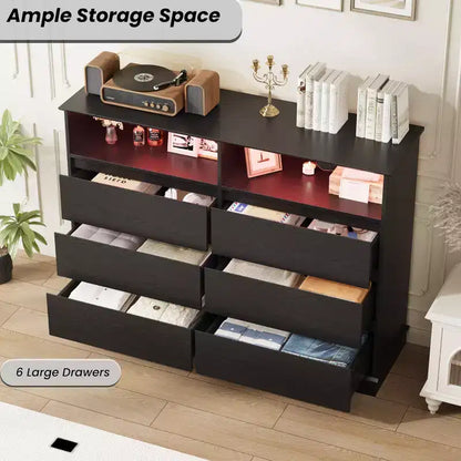 Comò per camera da letto, cassettiera a 6 cassetti, mobile a 6 cassetti con spazio aperto, armadietto moderno di grande capacità, soggiorno, corridoio