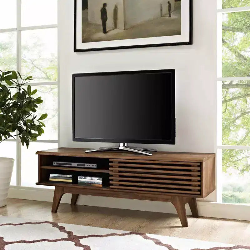 Render Mid-Century TV Stand for TVs up to 139,7 cm ¨C Walnut Grain, Sliding Doors, 121,9 cm