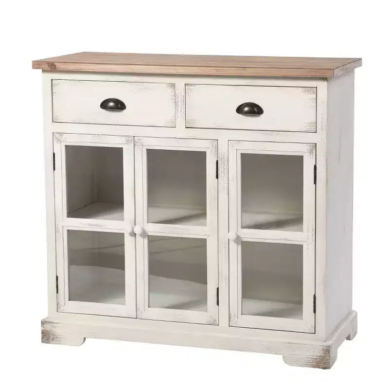 Shabby Chic Window Pane Cabinet ¨C Antique White, 3 Glass Doors & 2 Drawers