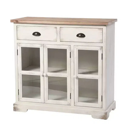 Shabby Chic Window Pane Cabinet ¨C Antique White, 3 Glass Doors & 2 Drawers