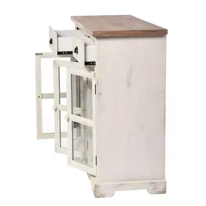 Shabby Chic Window Pane Cabinet ¨C Antique White, 3 Glass Doors & 2 Drawers