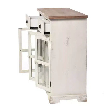 Shabby Chic Window Pane Cabinet ¨C Antique White, 3 Glass Doors & 2 Drawers