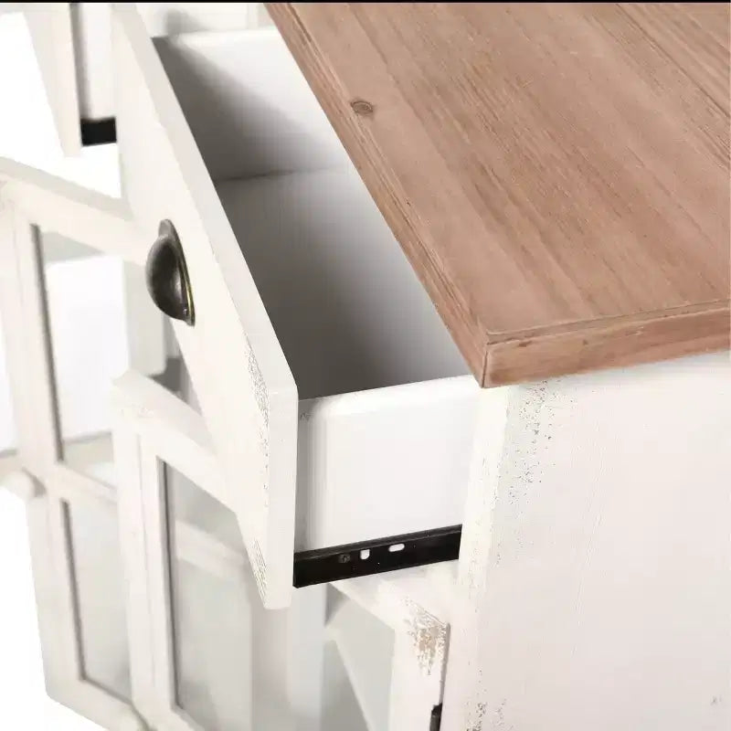 Shabby Chic Window Pane Cabinet ¨C Antique White, 3 Glass Doors & 2 Drawers