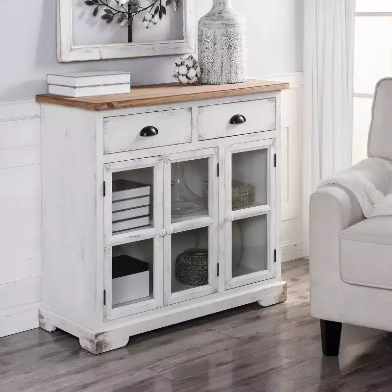 Shabby Chic Window Pane Cabinet ¨C Antique White, 3 Glass Doors & 2 Drawers