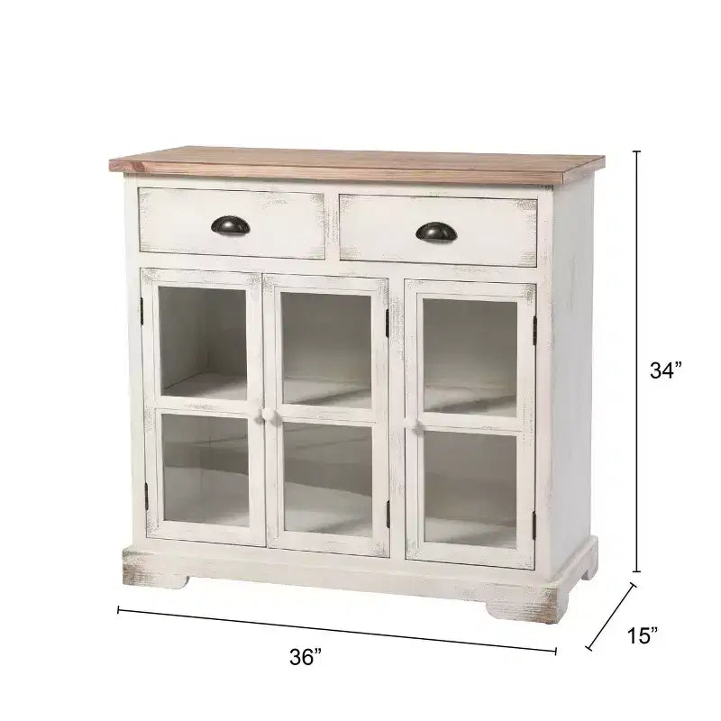 Shabby Chic Window Pane Cabinet ¨C Antique White, 3 Glass Doors & 2 Drawers