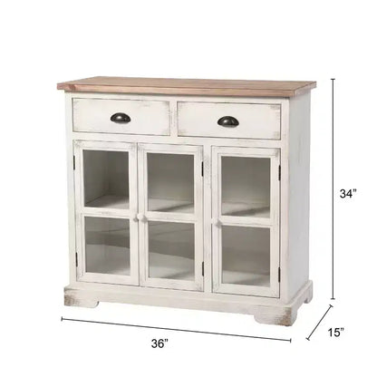 Shabby Chic Window Pane Cabinet ¨C Antique White, 3 Glass Doors & 2 Drawers