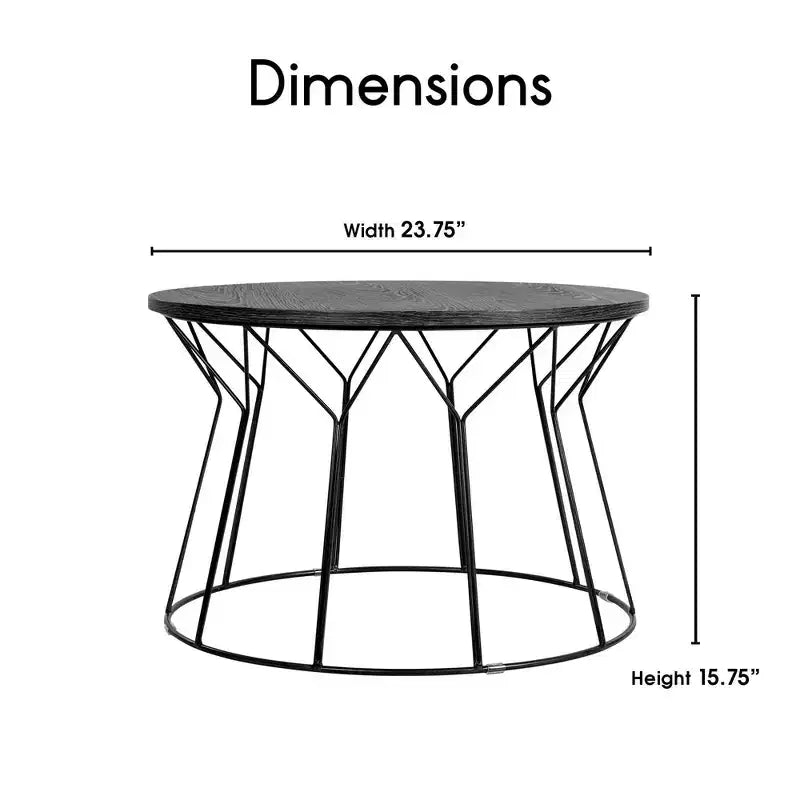 Round Coffee Table ¨C Noir Black, Geometric Metal Base, MDF Top