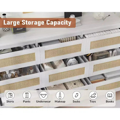 Comò per camera da letto, cassettiera a 9 cassetti in rattan per armadio, cassettiere e cassettoni doppi in legno