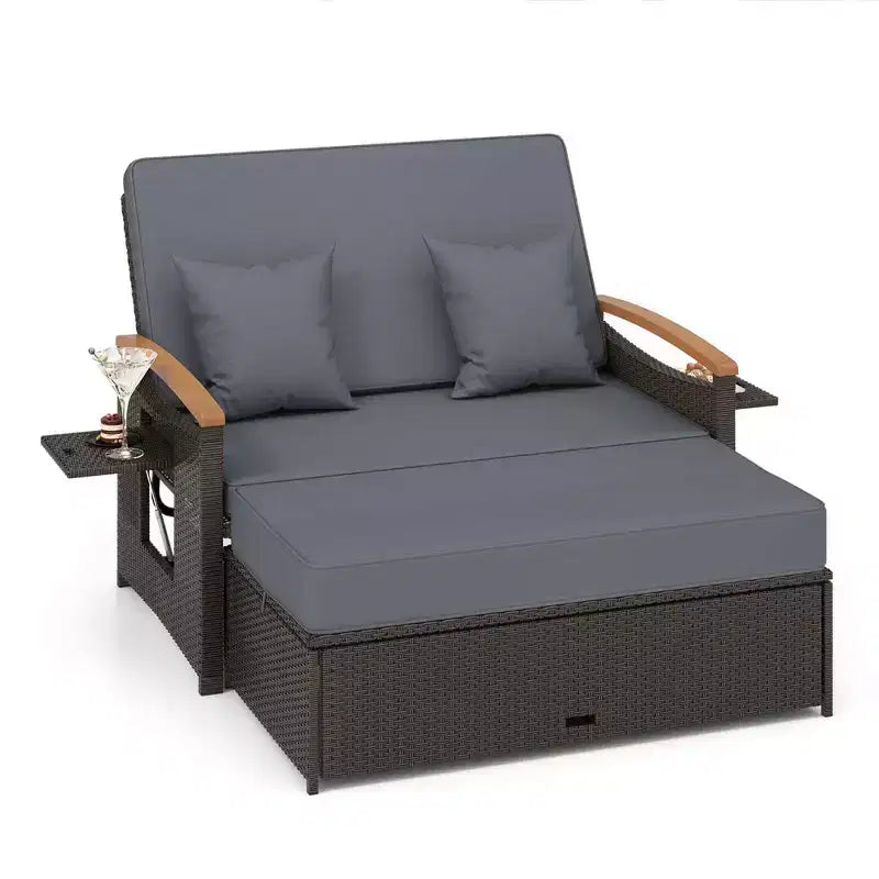 Set divano letto in rattan per esterni Costway con divanetto imbottito e poggiapiedi contenitore per veranda Beige/Blu marino/Rosso/Turchese/Nero/Grigio