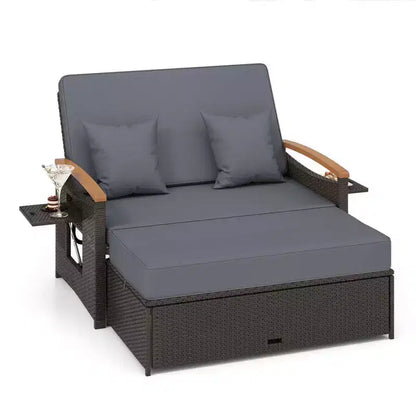 Set divano letto in rattan per esterni Costway con divanetto imbottito e poggiapiedi contenitore per veranda Beige/Blu marino/Rosso/Turchese/Nero/Grigio