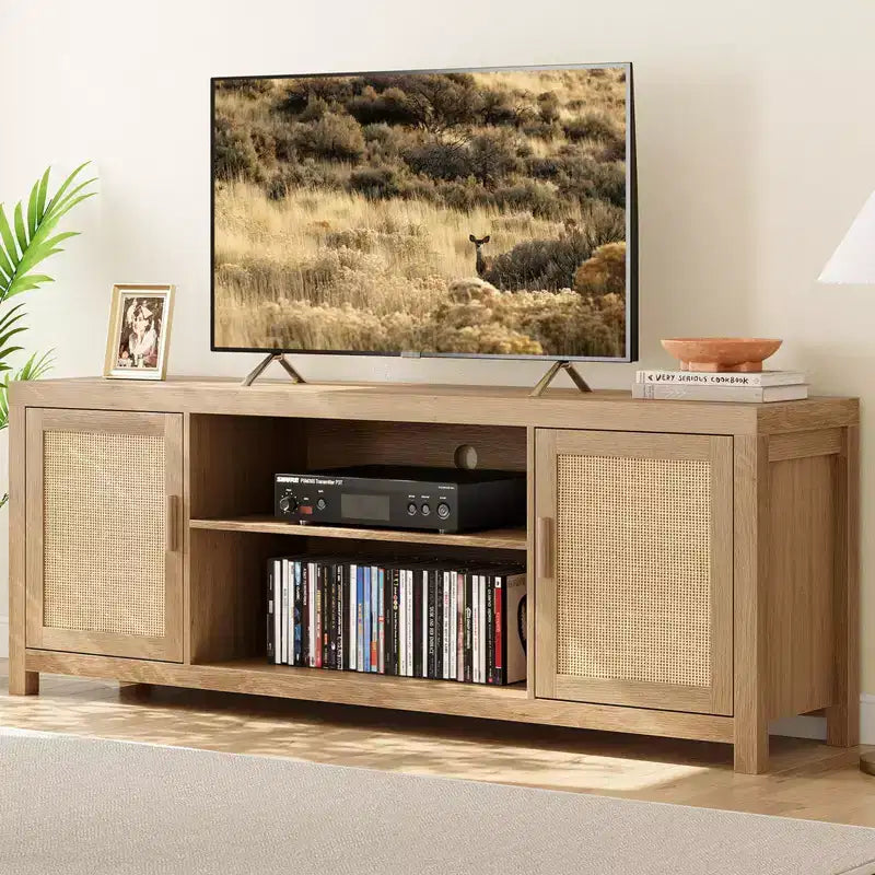 Mobile TV Boho, Porta TV in Rattan con Ripiani Regolabili e Contenitore, Quercia Naturale