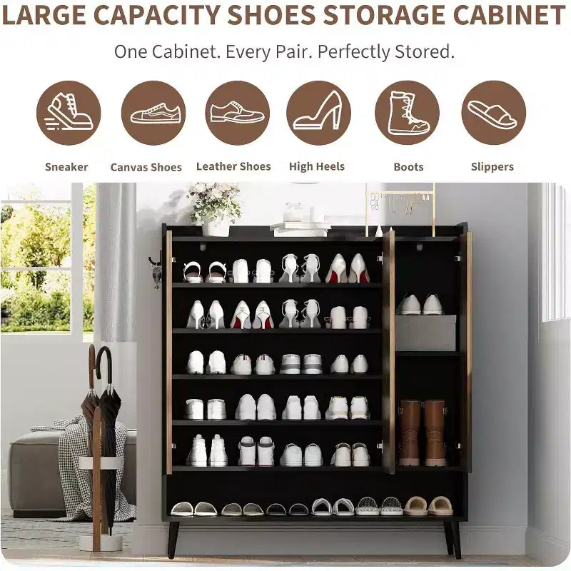 Meuble à chaussures 3 portes avec crochets de rangement, organiseur de chaussures à 6 niveaux pour entrée, meuble à chaussures autoportant pour couloir, salon