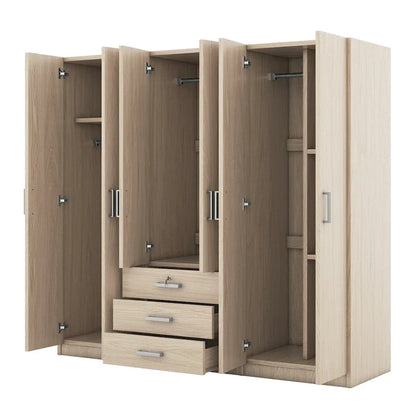 Armoire 6 portes en bois avec 3 grands tiroirs de rangement pour chambre à coucher