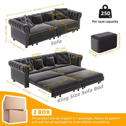 Canapé-lit gigogne 3-en-1 King Size Whisen Velvet et canapé convertible avec pouf mobile, design capitonné