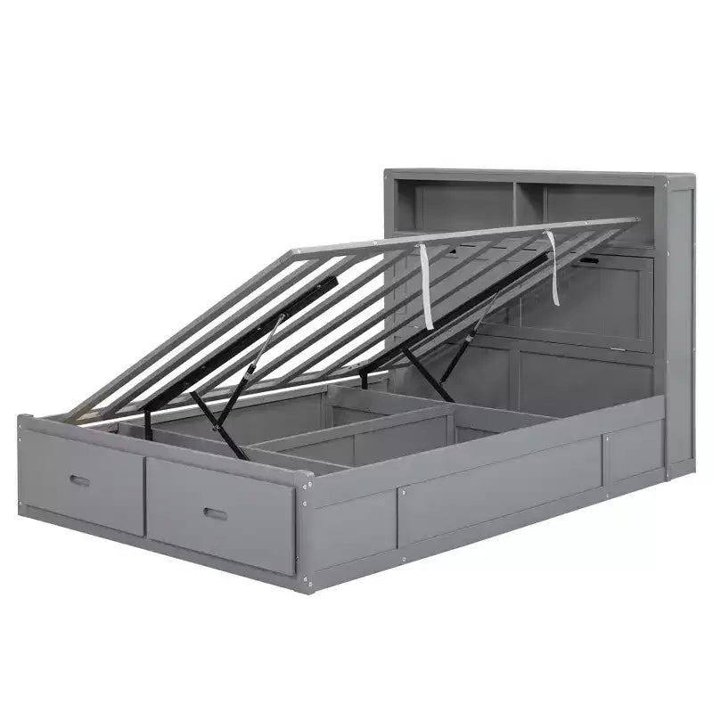 Letto a piattaforma idraulico Full/Queen con contenitore testiera a LED, stazione di ricarica, 2 cassetti e spazio di archiviazione sotto il letto, Bianco/Grigio-ModernLuxe