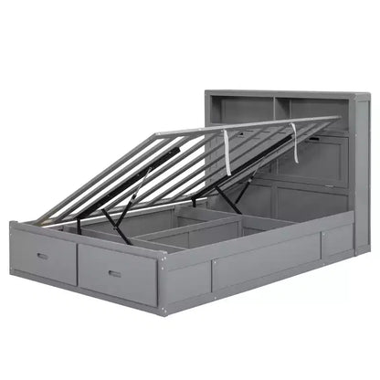 Letto a piattaforma idraulico Full/Queen con contenitore testiera a LED, stazione di ricarica, 2 cassetti e spazio di archiviazione sotto il letto, Bianco/Grigio-ModernLuxe