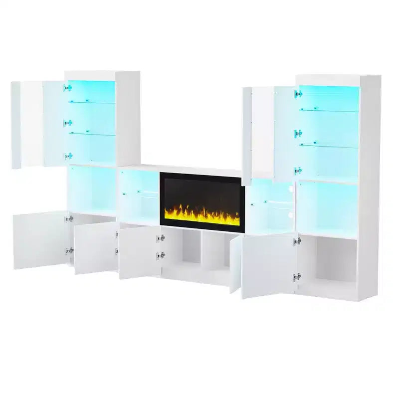 Meuble TV moderne avec lumières LED pour téléviseur de 75 pouces, table console multimédia avec étagères en verre trempé et foyer non chauffant