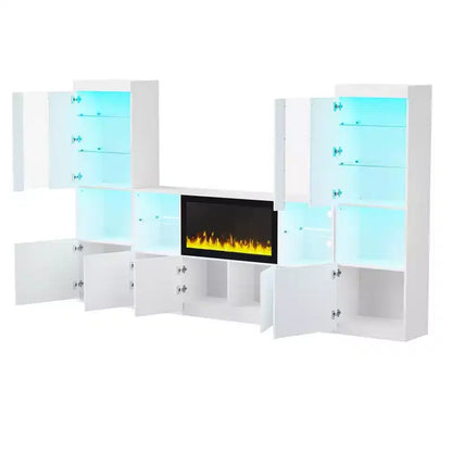 Meuble TV moderne avec lumières LED pour téléviseur de 75 pouces, table console multimédia avec étagères en verre trempé et foyer non chauffant