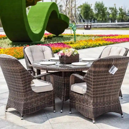 Set da pranzo rotondo in vimini da esterno da 5 pezzi con 4 poltrone