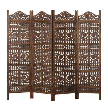 Divisorio per Ambienti a 4 Pannelli in Legno di Mango da 71 Pollici, Intagliato a Mano, Design Sole e Luna, Marrone