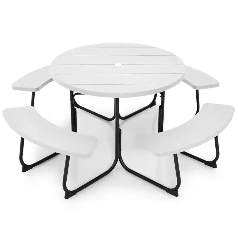 Costway Set Tavolo da Picnic Rotondo da Esterno a 8 Posti con 4 Panche e Foro per Ombrellone Nero/Grigio/Verde/Bianco