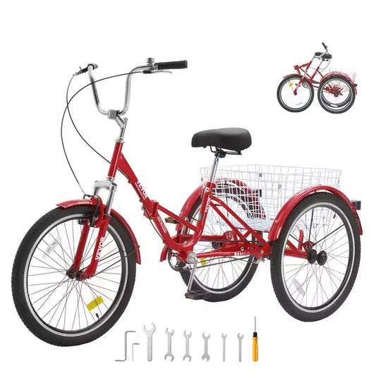 Tricycle pliant adulte VEVOR, Tricycle pliant adulte de 24 pouces, Vélo cruiser à 3 roues en acier au carbone avec grand panier et selle réglable