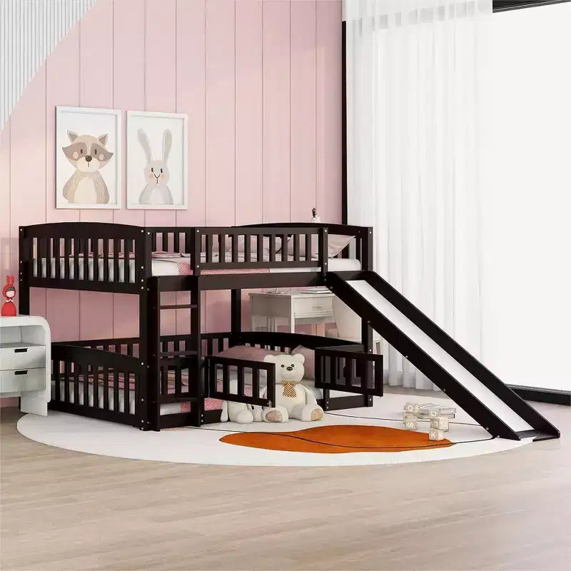 Letto a Castello con Scivolo, Letto a Castello Basso Doppio su Doppio con Recinzione e Scaletta per Bambini e Ragazzi, Bianco