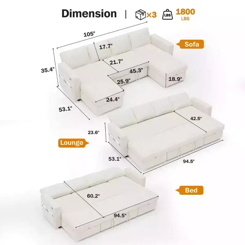 Divano letto estraibile a quattro posti Dyonery da 105 pollici con contenitore, tasche laterali, schienale regolabile, convertibile