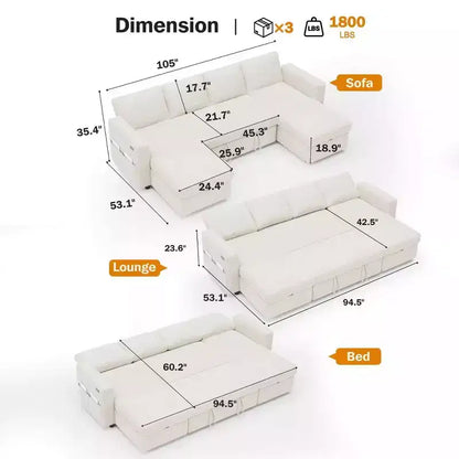 Divano letto estraibile a quattro posti Dyonery da 105 pollici con contenitore, tasche laterali, schienale regolabile, convertibile