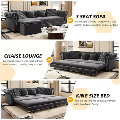 Canapé-lit gigogne 3-en-1 King Size Whisen Velvet et canapé convertible avec pouf mobile, design capitonné