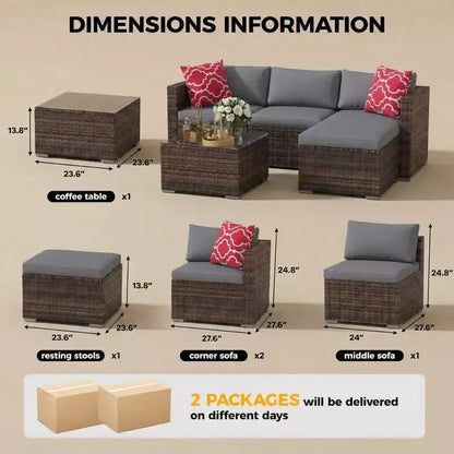 Set Mobili da Giardino 5 Pezzi, Divano Sezionale in Vimini per Tutte le Stagioni con Cuscini Antiscivolo, Set Divano in Rattan per Esterni con Pouf