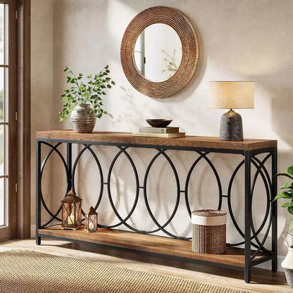 Lantine - Tavolo consolle industriale extra lungo da 180 cm con 2 ripiani e mensola portaoggetti, adatto per soggiorno, ingresso, corridoio, marrone rustico.