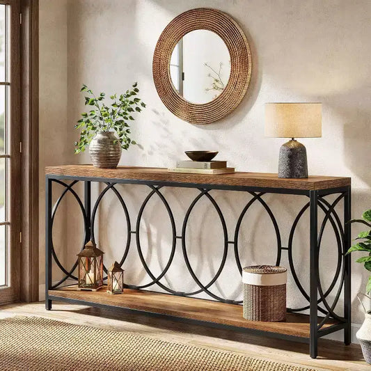 Lantine - Tavolo consolle industriale extra lungo da 180 cm con 2 ripiani e mensola portaoggetti, adatto per soggiorno, ingresso, corridoio, marrone rustico.