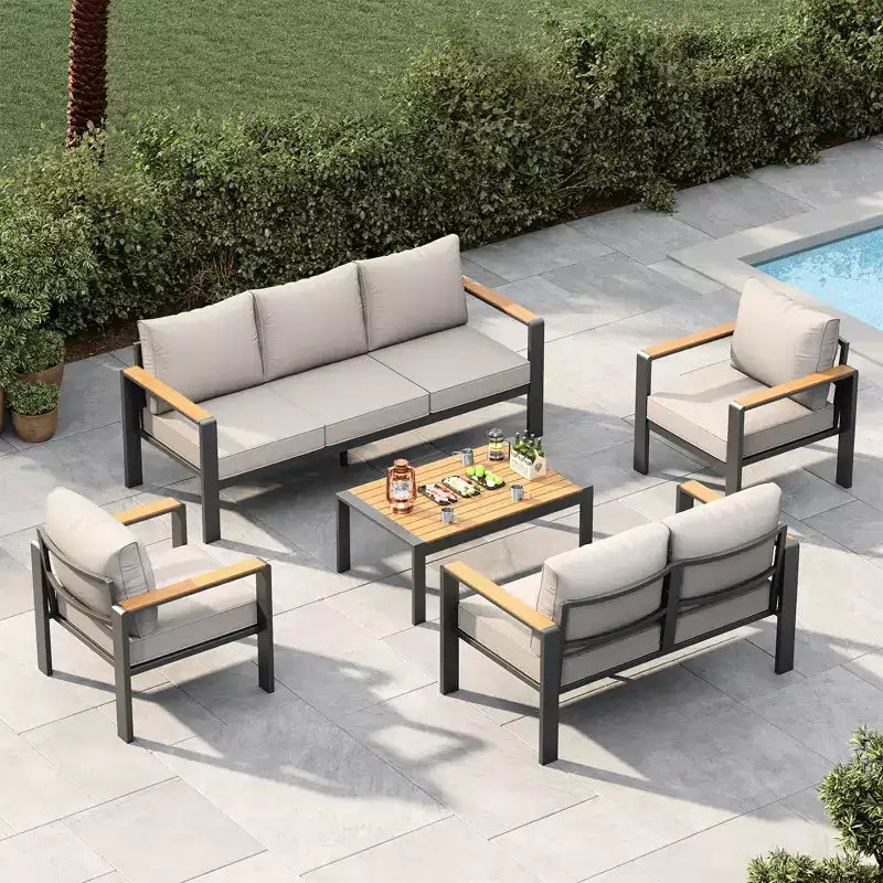 Salon de jardin en aluminium, canapé d'extérieur modulable avec 5 coussins épais, 4 accoudoirs et table basse pour jardin, terrasse, arrière-cour