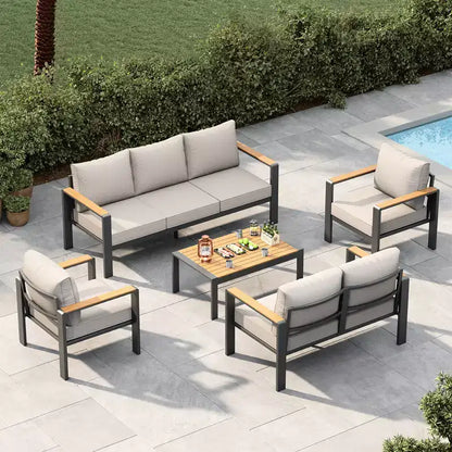 Salon de jardin en aluminium, canapé d'extérieur modulable avec 5 coussins épais, 4 accoudoirs et table basse pour jardin, terrasse, arrière-cour