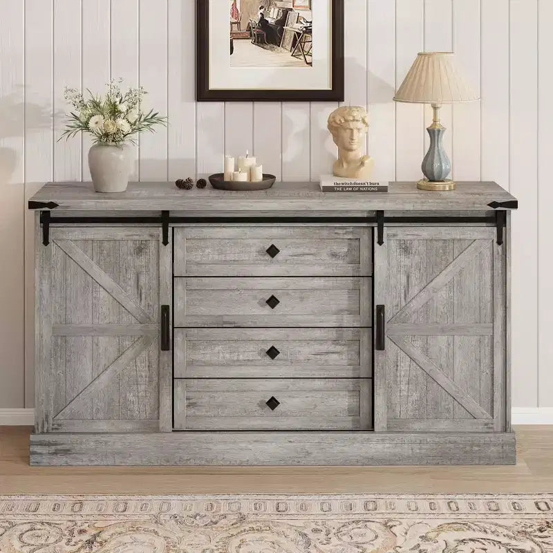 Bahut de Ferme avec 4 Tiroirs et Portes Coulissantes, Buffet de 150 cm de Large pour Salle à Manger et Salon