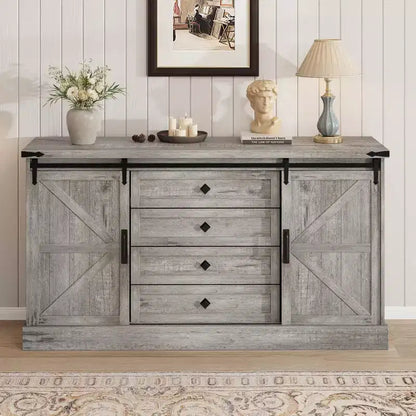 Bahut de Ferme avec 4 Tiroirs et Portes Coulissantes, Buffet de 150 cm de Large pour Salle à Manger et Salon