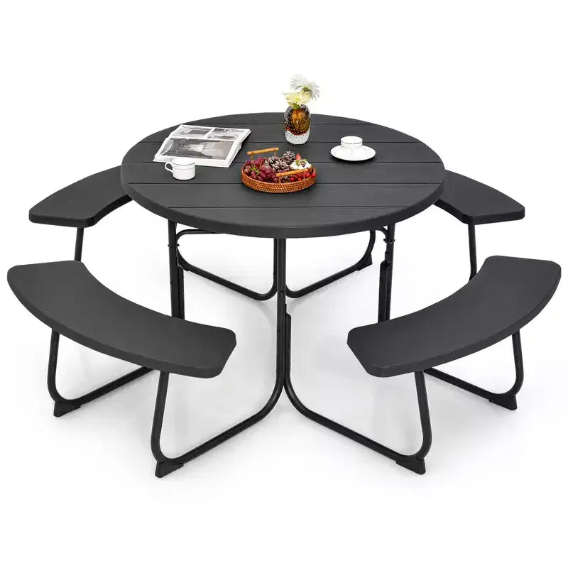 Costway Set Tavolo da Picnic Rotondo da Esterno a 8 Posti con 4 Panche e Foro per Ombrellone Nero/Grigio/Verde/Bianco
