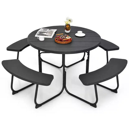 Costway Set Tavolo da Picnic Rotondo da Esterno a 8 Posti con 4 Panche e Foro per Ombrellone Nero/Grigio/Verde/Bianco
