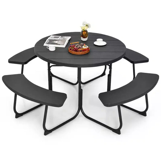 Costway Set Tavolo da Picnic Rotondo da Esterno a 8 Posti con 4 Panche e Foro per Ombrellone Nero/Grigio/Verde/Bianco