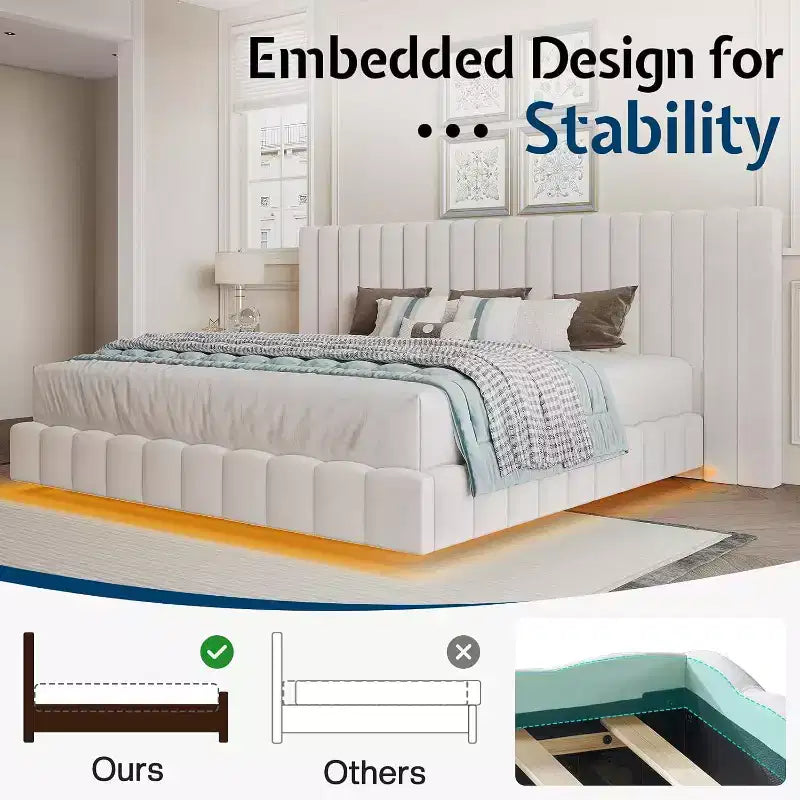 AMERLIFE Letto Imbottito con Luci LED, Design Flottante, Supporto a Doghe Solide