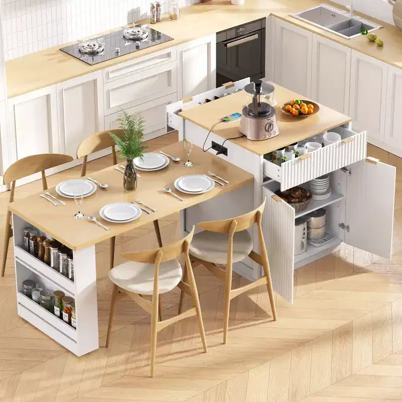 Îlot de cuisine cannelé avec table extensible, prise électrique et rangement double face
