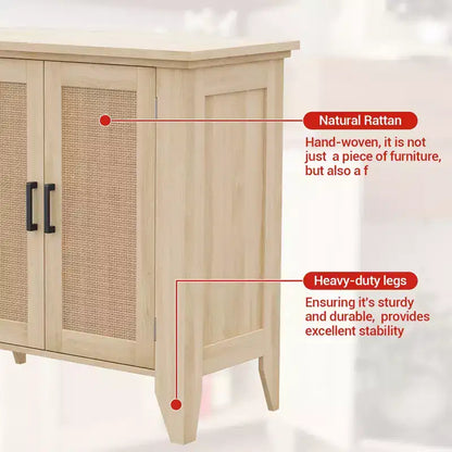 Madia Credenza Rattan da 76cm con Ante e Ripiani, Mobile Consolle in Legno per Soggiorno, Sala da Pranico, Cucina, Rovere Naturale